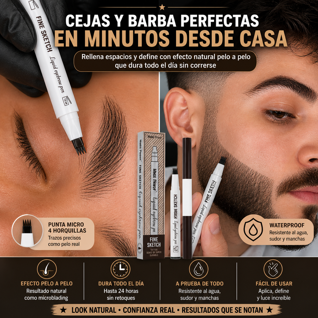 Fine Sketch Pro – Lápiz 2 en 1 para Cejas y Barba